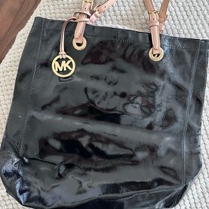 Michael Kors Black Patent Leather Tote Bag Purse With Gold Hardware